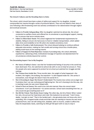 Family Statement Regarding Emotional Harm and Safeguarding Concerns Written family statement describing emotional harm, safeguarding concerns, bullying, and institutional failures affecting a dependent child.
