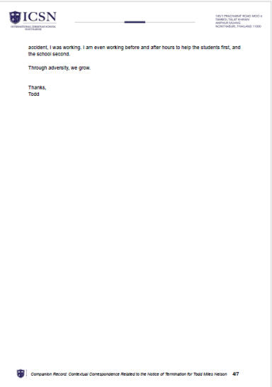 Todd Nelson email to ICSN citing dedication while incapacitated two days after spinal cord injury from fall