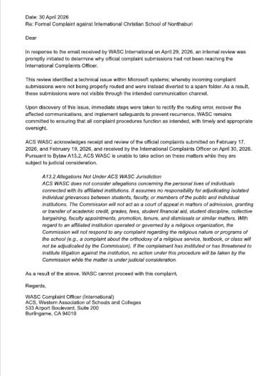 WASC Refusal to Investigate ICSN Complaint Following Review WASC letter refusing to proceed with investigation of ICSN concerns.