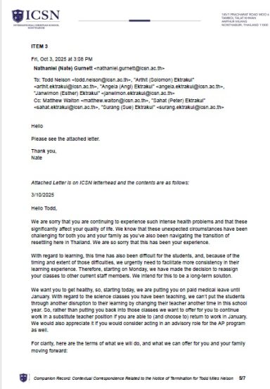 Proposed Reassignment During Medical Leave ICSN letter proposing replacement teaching arrangements and employment changes during medical leave.