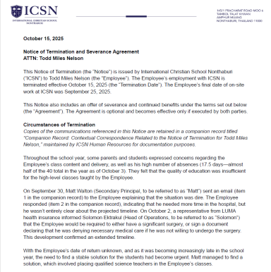 Termination and Severance Agreement — October 15, 2025 ICSN Notice of Termination and Severance Agreement dated October 15, 2025.