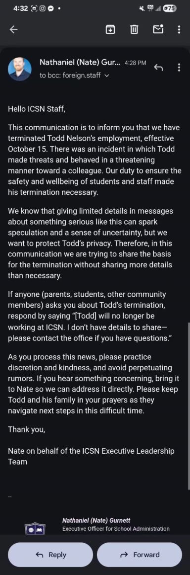 ICSN staff-wide email from school leadership announcing employee termination and providing guidance to faculty regarding responses to parent
