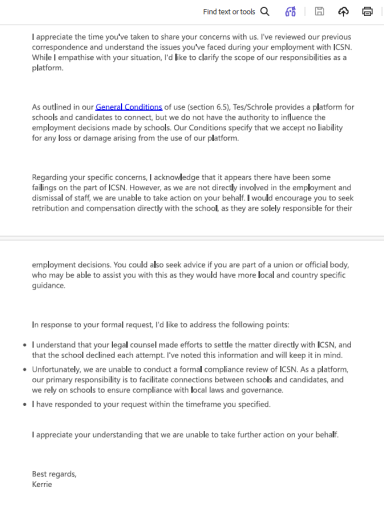 TES Response to Complaint TES correspondence responding to concerns raised regarding ICSN employment matters.