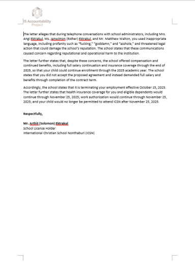 Translated ICSN Employment and Enrollment Letter — Page 2 Second page of translated ICSN letter discussing medical information, employment allegations, and school enrollment removal.