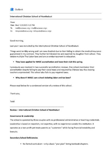 Initial WASC Complaint Regarding ICSN Governance and Compliance Concerns Initial email to WASC raising concerns regarding ICSN practices and accreditation suitability.