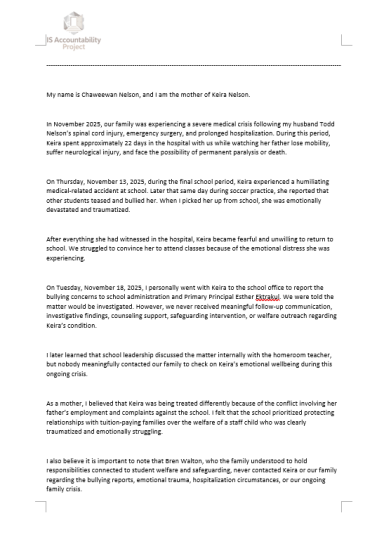 Witness Statement Regarding Child Welfare Concerns Statement from Keira Nelson’s mother regarding bullying and emotional trauma