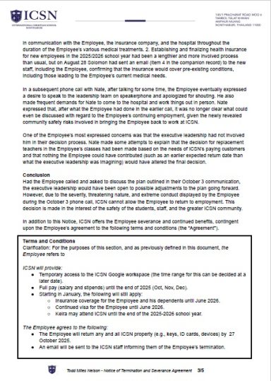 Employment Separation and Benefit Conditions ICSN termination agreement outlining conditions attached to continued benefits and employment separation.