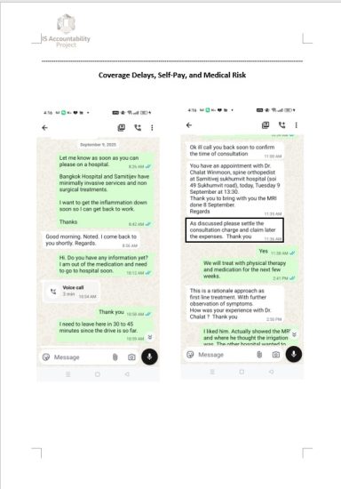 Messages discussing medical treatment and reimbursement requirements