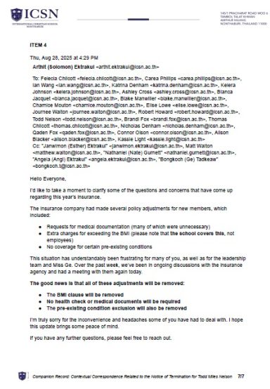 ICSN Insurance Coverage Concerns ICSN administrative email discussing insurance requirements, exclusions, and coverage concerns affecting staff