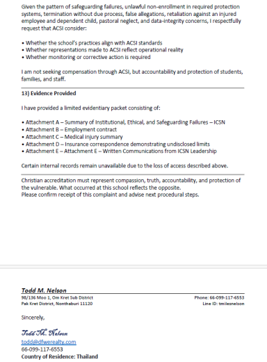 Supporting Documentation Provided Supporting evidence package submitted to ACSI including employment, insurance, medical, and leadership communications.