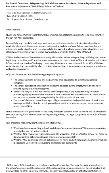 ACSI Follow-Up Correspondence Follow-up correspondence requesting clarification of ACSI safeguarding expectations and responsibilities for affiliated schools.