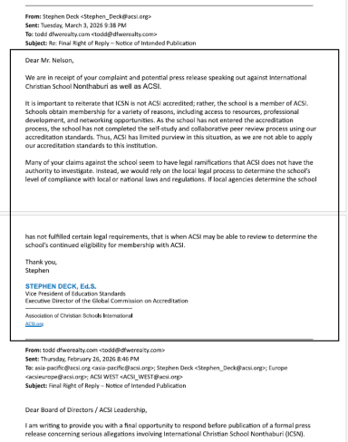 ACSI Response to Right of Reply Notice Response from ACSI following notice of intended publication concerning allegations and documented concerns involving ICSN Thailand.