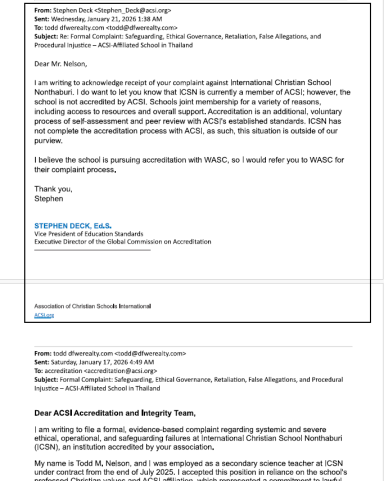 ACSI Acknowledgement Response Email response from ACSI acknowledging receipt of a complaint concerning ICSN Thailand and outlining its position regarding oversight.