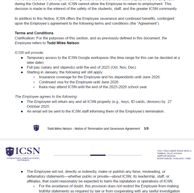 ICSN severance agreement conditioning benefits on signing and restricting statements about school leadership