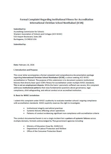 Formal WASC Complaint Challenging ICSN Accreditation Suitability Formal complaint package outlining safeguarding, governance, and compliance concerns.