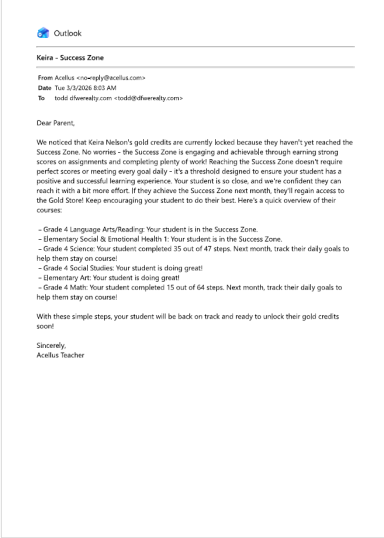 Home School and Educational Transition Communication Email regarding Keira Nelson’s transition to online schooling following withdrawal from ICSN.