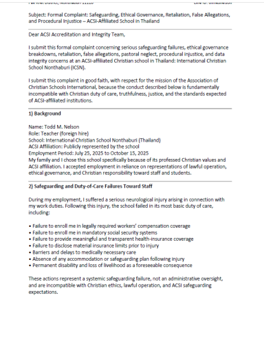 ACSI Formal Complaint Submission Formal complaint submitted to ACSI regarding safeguarding, governance, retaliation, and duty-of-care concerns involving ICSN Thailand.