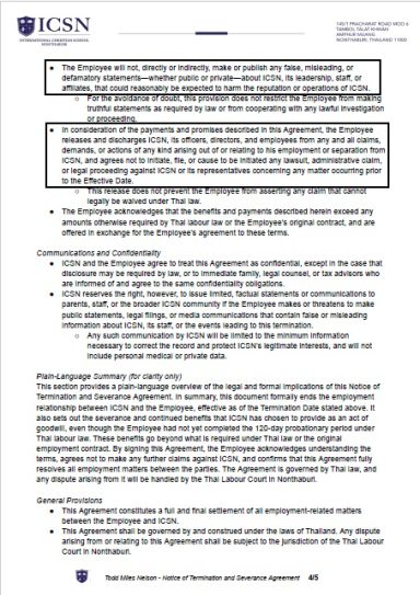 Release of Claims and Confidentiality Requirements ICSN severance agreement containing waiver of claims, confidentiality terms, and liability release provisions.