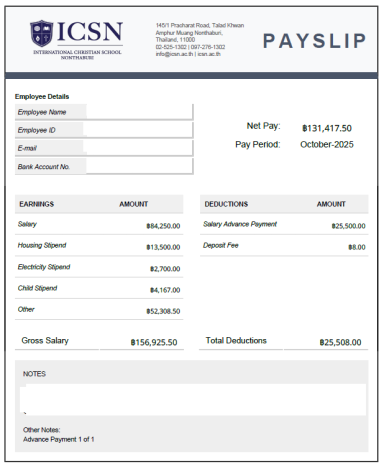 ICSN Payslip – Payroll Deductions and Compensation Record ICSN payslip showing salary, deductions, and absence of tax withholding or statutory contribution entries.
