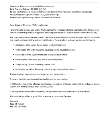 Final Right of Reply Notice to ACSI Formal right of reply notice sent to ACSI leadership before publication of concerns regarding ICSN Thailand.