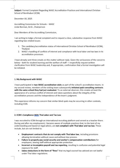 Formal Complaint Submitted to WASC Leadership Concerning ICSN Formal complaint letter submitted to WASC leadership regarding ICSN.