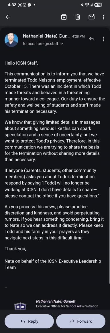 ICSN Staff Email Issued During Reported Child Welfare Crisis ICSN staff email concerning employee termination distributed during a documented child welfare, safeguarding, and family medical crisis.