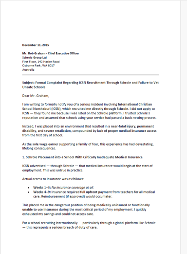 Initial Complaint Submission Complaint submitted to TES and Schrole regarding recruitment, insurance, and employment issues.