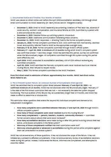 Timeline of WASC Contacts and Escalation Attempts Timeline of communications and escalation attempts directed to WASC officials.