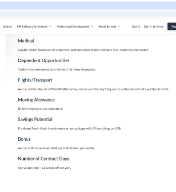 Advertised Employee Benefits TES/Schrole recruitment listing describing insurance, housing, tuition, and employee benefits.