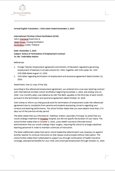 Translated ICSN Employment and Enrollment Letter — Page 1 English translation of ICSN letter confirming employment termination and student enrollment consequences.