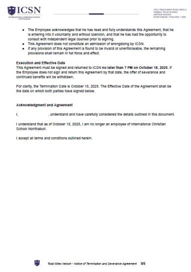 Three-Day Deadline for Separation Agreement ICSN agreement imposing a deadline for acceptance of severance and employment separation terms.