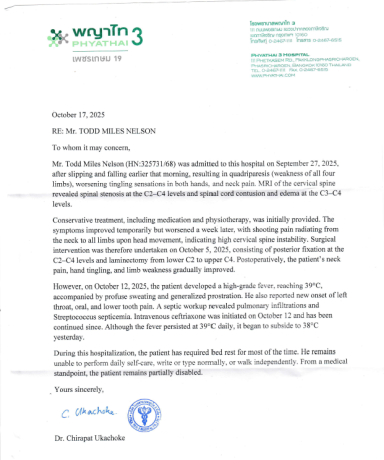 Physician Certification of Spinal Cord Injury and Disability Hospital physician letter confirming spinal cord injury, surgery, hospitalization, and partial disability.