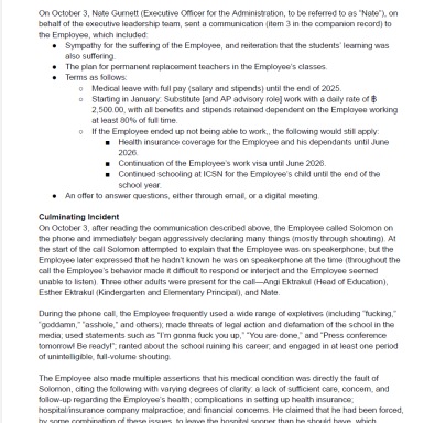 ICSN leadership email to staff describing alleged threats and safety concerns after termination