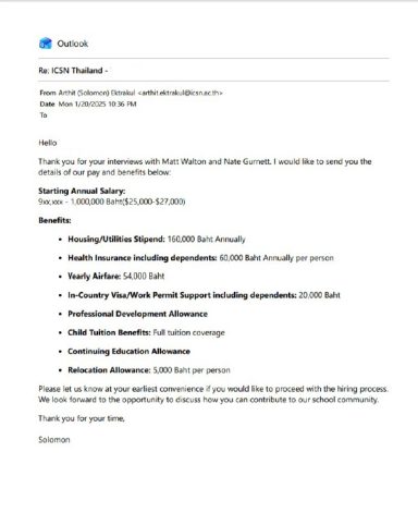 Benefits.jpg ICSN Recruitment Insurance Benefits Recruitment email from Solomon Ektrakul outlining salary and insurance benefits.