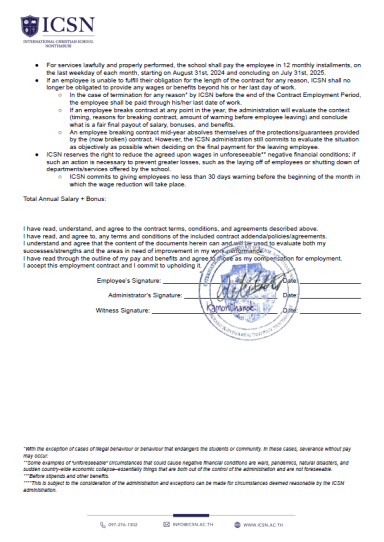 ICSN Employment Contract Page 2 ICSN employment contract showing compensation terms, wage reduction provisions, and contract-breaking clauses.