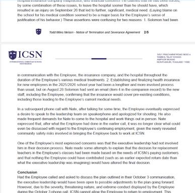 ICSN termination document describing complaints and emotional statements during hospitalization as threatening conduct.