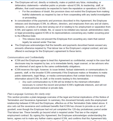 ICSN agreement requiring confidentiality, release of claims, and restrictions on public statements.