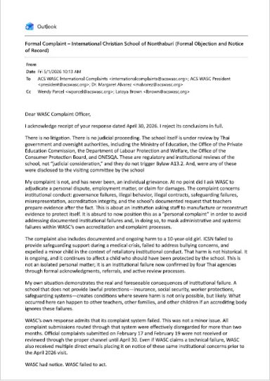Formal Response Challenging WASC Refusal to Investigate Formal response disputing WASC's refusal to investigate safeguarding and governance concerns.