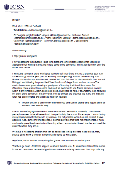 Hospitalized teacher Todd Nelson responds to ICSN confirming existence of instructional records and requesting phone call that never occurre