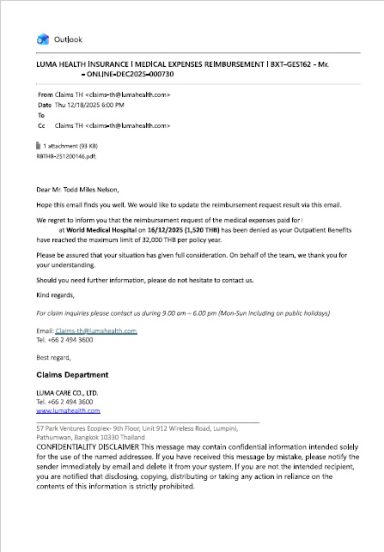 Insurance Reimbursement Denial LUMA Health email denying reimbursement due to policy limits.