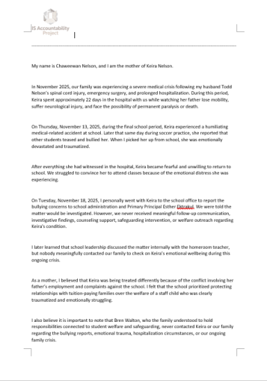 Mother's Statement Regarding Bullying, Hospitalization, and Student Welfare Mother's statement describing bullying concerns, child emotional distress, hospitalization circumstances, and safeguarding concerns.
