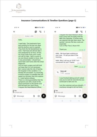 Medical Communications Timeline Review WhatsApp communications discussing medical treatment and insurance assistance.