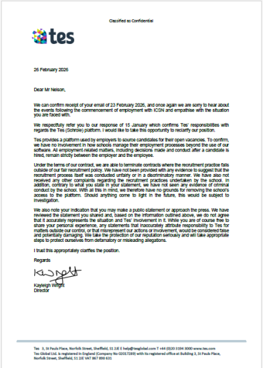 Final TES Position Statement Final correspondence from TES outlining its position and response to submitted concerns.
